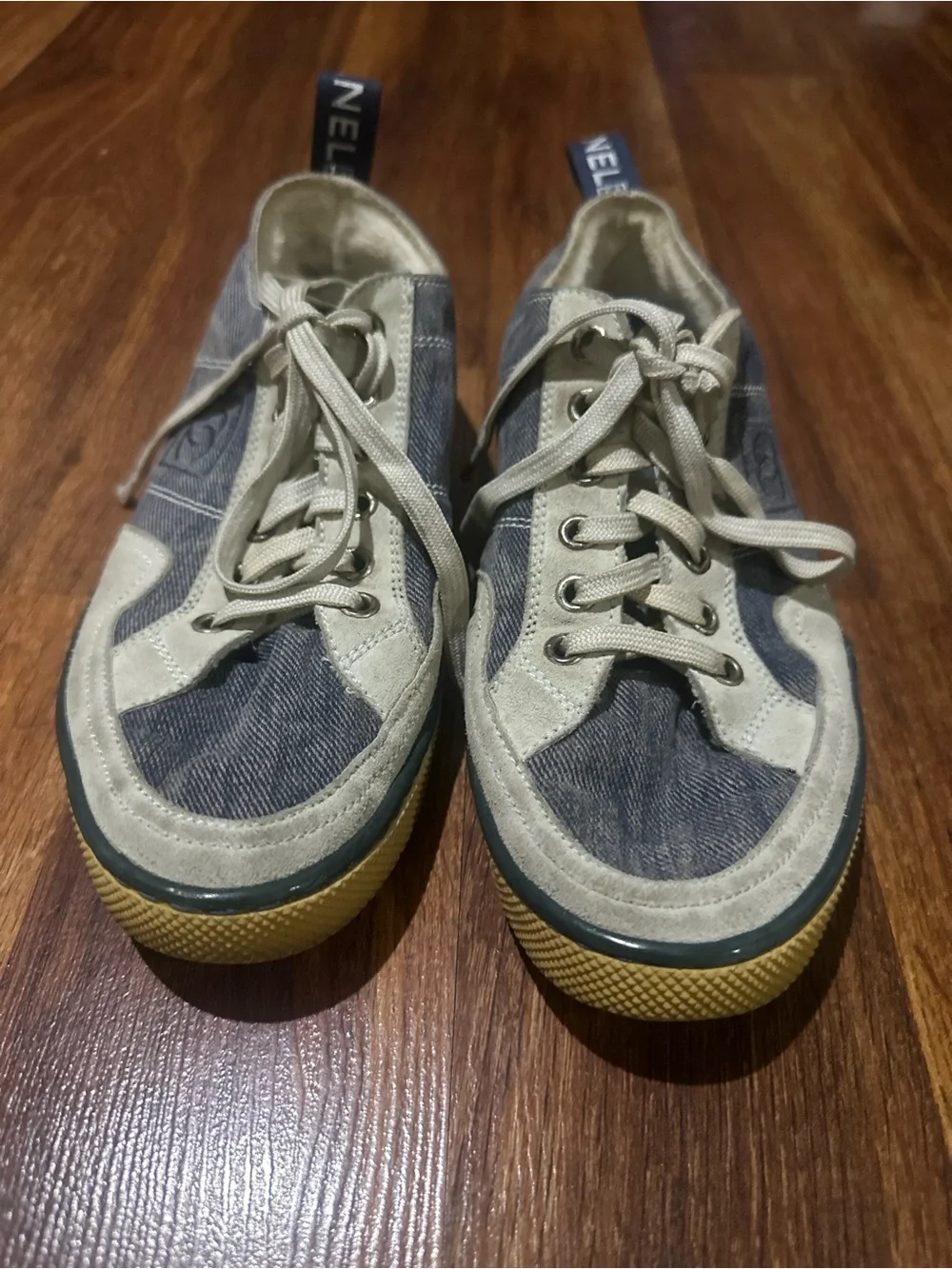 Chanel women’s shoes- Denim-Look Lace-Up Sneakers - Blue and white